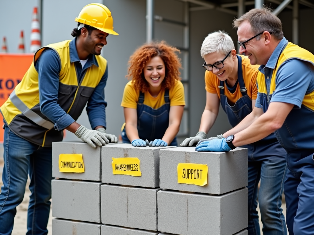 Building Blocks of Safety: Show workers constructing a solid wall or structure using blocks labeled with safety principles ('Communication', 'Awareness', 'Support', 'PPE'). This visual metaphor emphasizes building a safe environment step-by-step through collective effort and teamwork. Slogan idea: 'Building a Safer Future, Brick by Brick, Team by Team.'