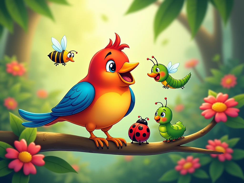 A children's book illustration featuring a brightly colored bird with rainbow feathers interacting with various insects and plants.