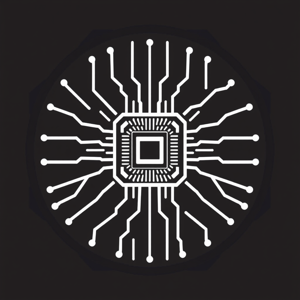 A circular or hexagonal icon featuring a stylized microchip or CPU silhouette at its center, with outward radiating lines that mimic both circuitry and an explosion or protective force field, representing defense at the hardware and code level.