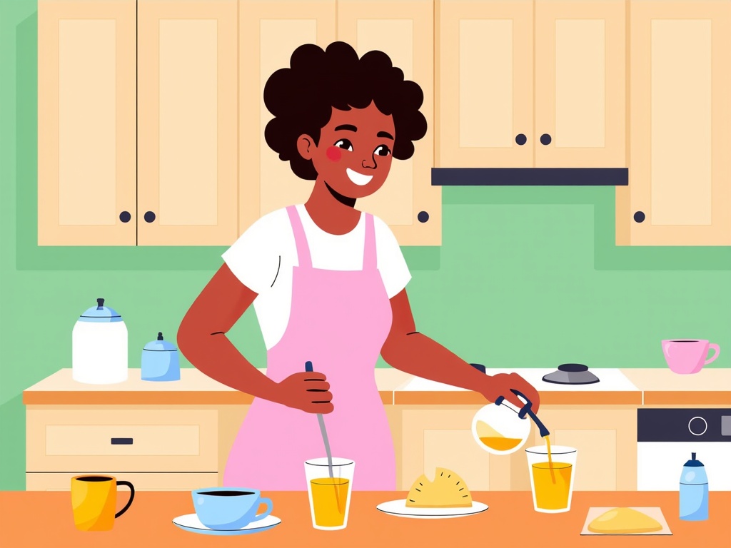  a young African-American woman in a kitchen. She is wearing a pink apron and has curly hair. The woman is standing in front of a kitchen counter with a sink and a stove. On the counter, there are two cups of coffee, a plate of food, and a glass of orange juice. There is also a bottle of hand sanitizer on the counter. The kitchen has wooden cabinets and a green backsplash. The overall color scheme of the image is bright and cheerful.