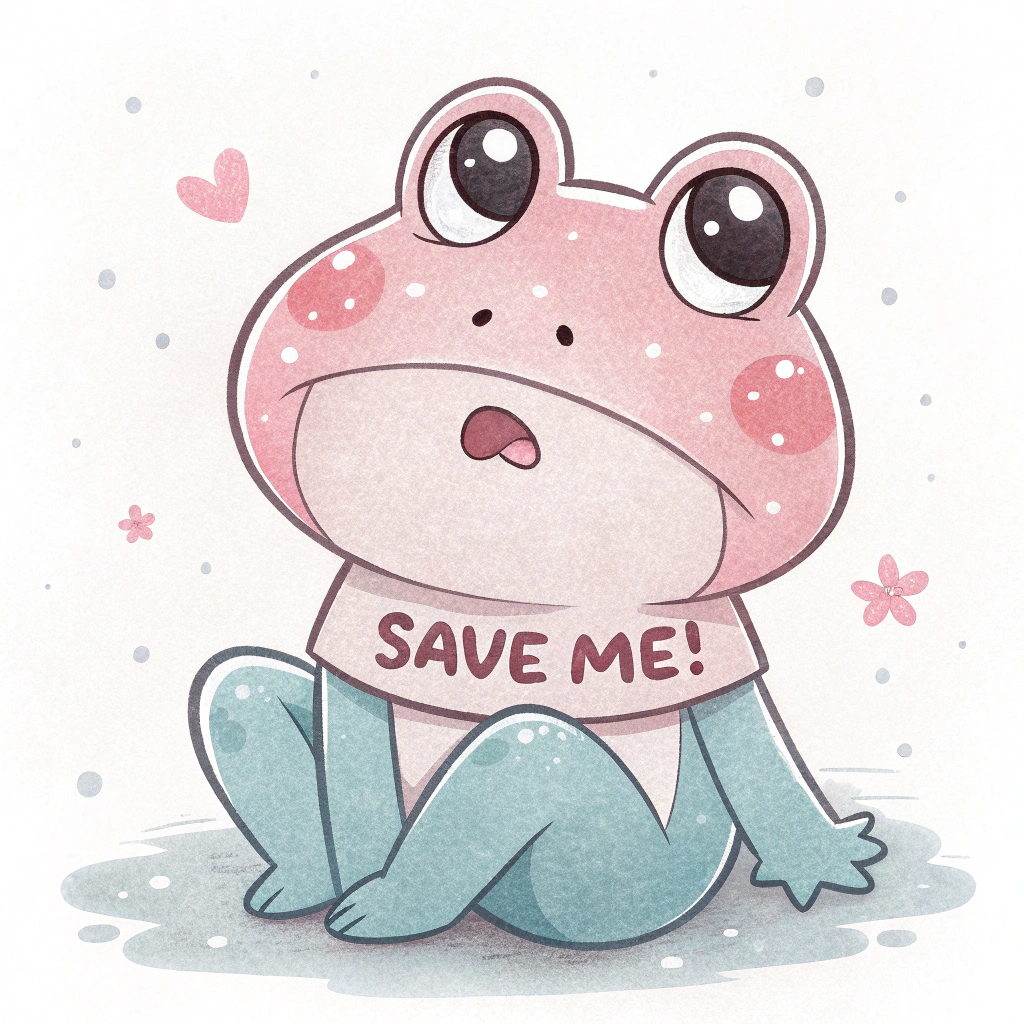 A kawaii-style frog, possibly pink or blue for cuteness, sitting with a slightly sad expression, the 'Save Me!' sign resting against its knees.
