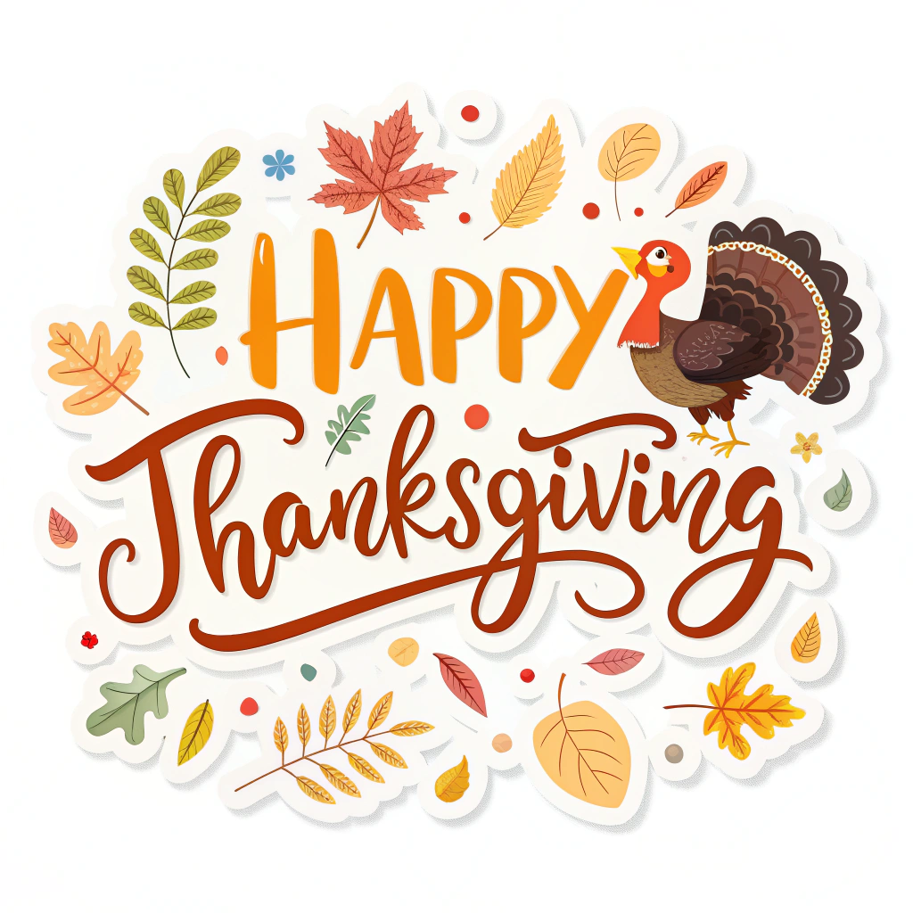 The image shows a happy Thanksgiving card with a turkey surrounded by autumn leaves. The card is decorated with a variety of colors, including red, orange, yellow, and green, and the turkey is standing in the center of the card. The leaves are scattered around the card, adding to the festive atmosphere.