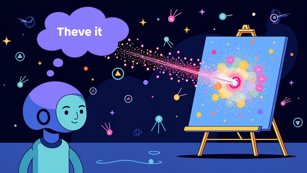 A visual narrative showing a thought bubble containing a simple text prompt, connected by a luminous data stream or circuitry pattern to an AI core/icon, which then projects a fully formed, complex illustration onto a digital canvas or screen. This visualizes the entire 'prompt-to-picture' journey.