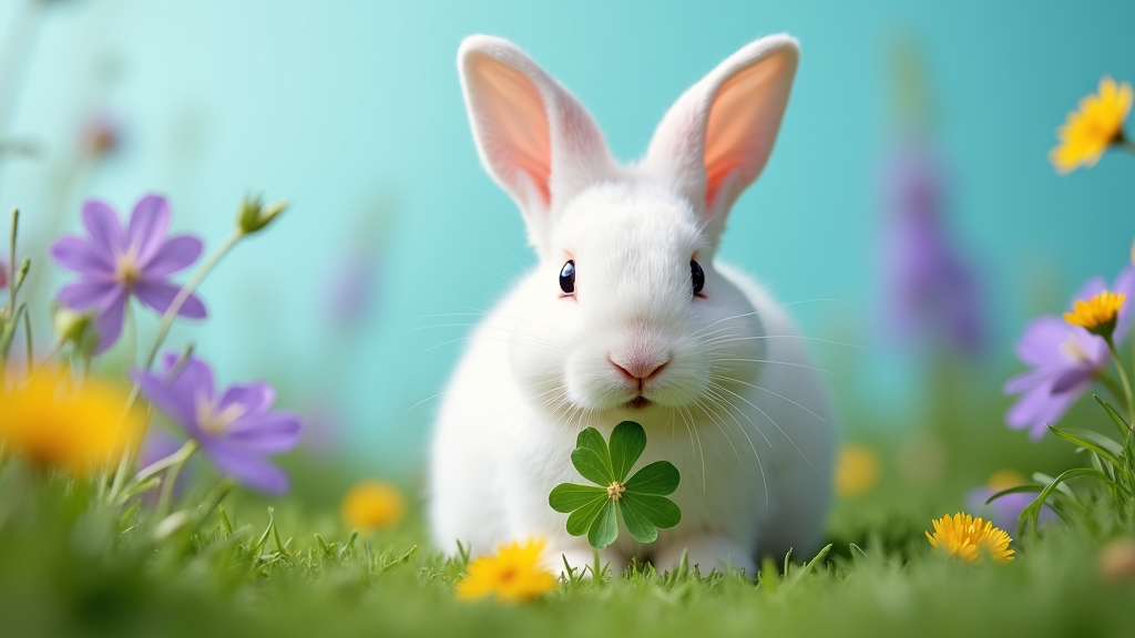 The image is a close-up of a white rabbit sitting in a field of green grass. The rabbit has pink ears and is looking directly at the camera with a curious expression. In front of the rabbit, there is a four-leaf clover, which is a symbol of luck and good fortune. The background is blurred, but it appears to be a garden or meadow with purple and yellow flowers. The overall mood of the image is peaceful and serene.