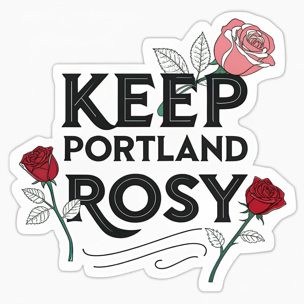 A bold, modern sans-serif font for 'Keep Portland Rosy'. The 'O's in 'Portland' and 'Rosy' could be replaced with stylized iconographic rose heads, viewed from above.