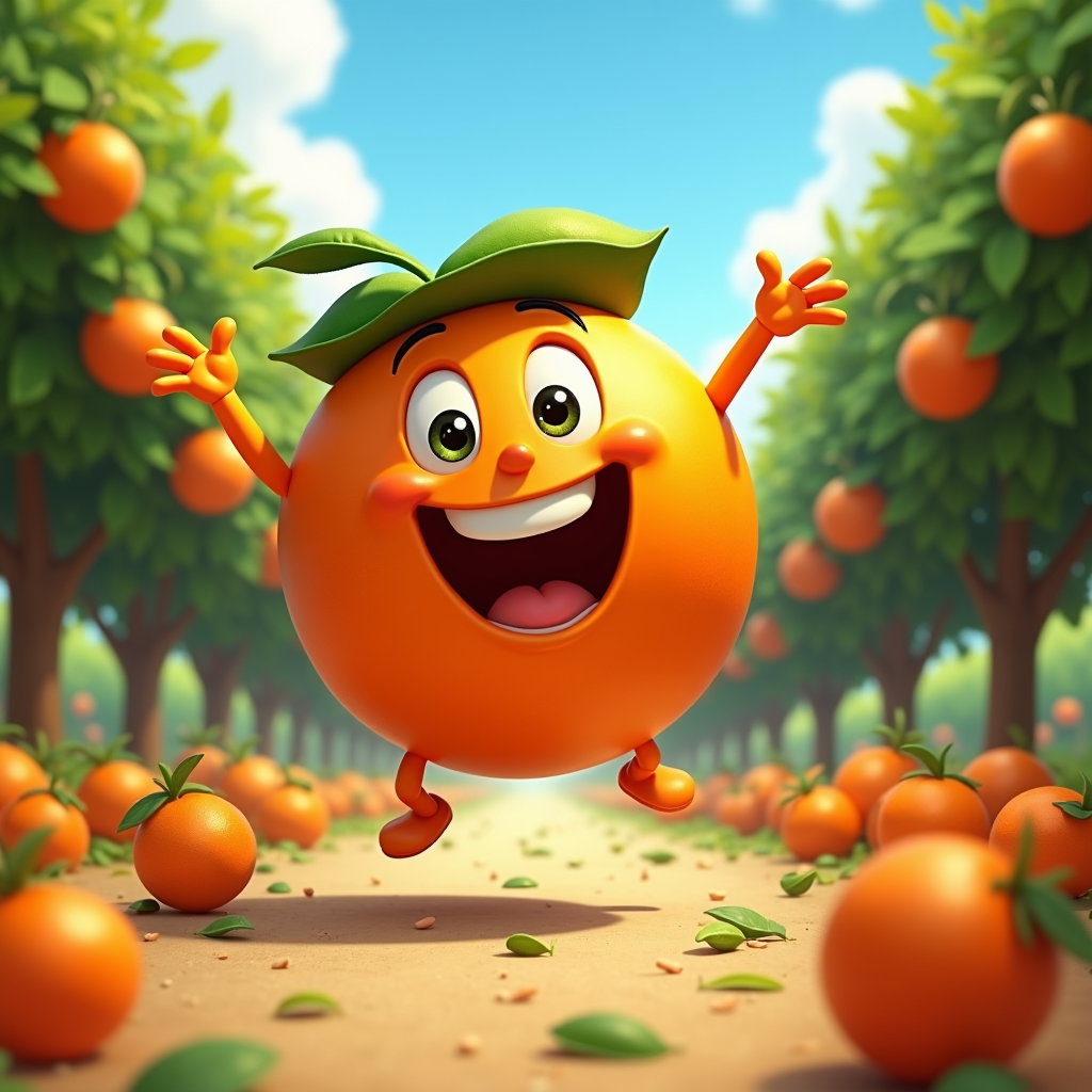 The image is a 3D illustration of a cartoon orange character in an orange orchard. The character is in the center of the image, with its arms stretched out to the sides and a big smile on its face. It has a green leaf on its head and is wearing a red shirt. The background shows rows of orange trees with ripe oranges hanging from their branches. The ground is covered in orange leaves and there is a dirt path leading away from the character. The sky is blue with white clouds.