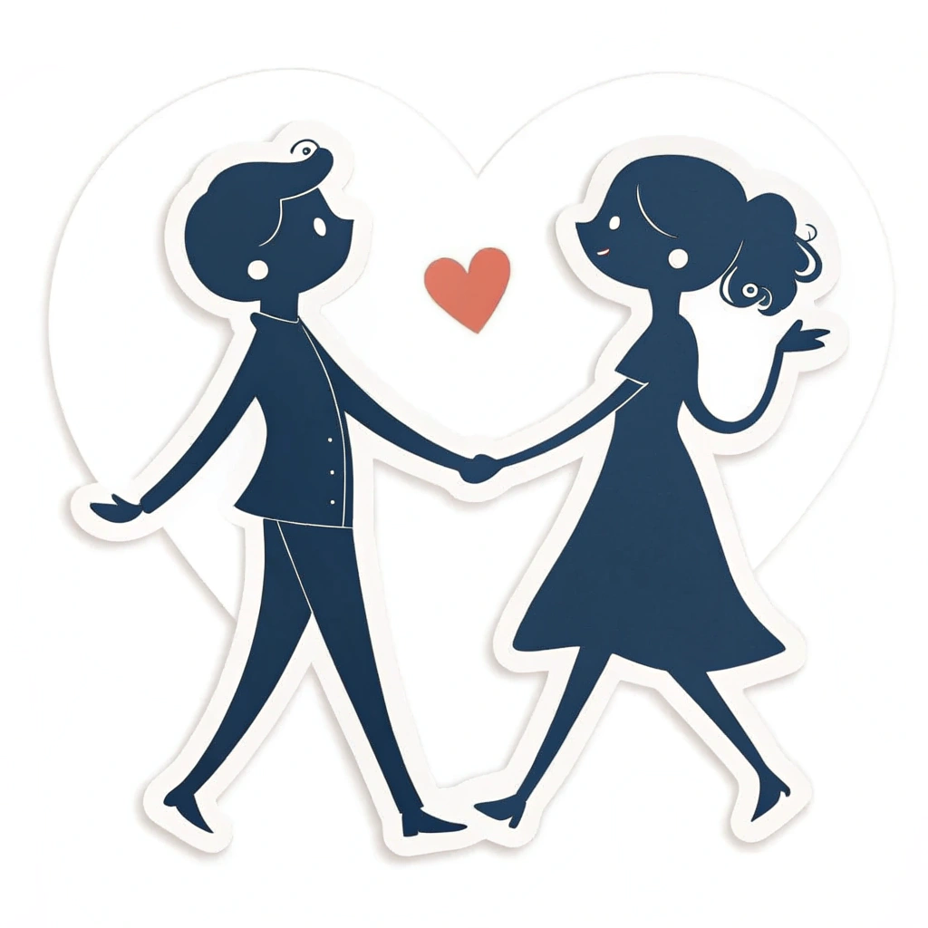 A sticker featuring two silhouetted figures holding hands, with a heart subtly placed between them.