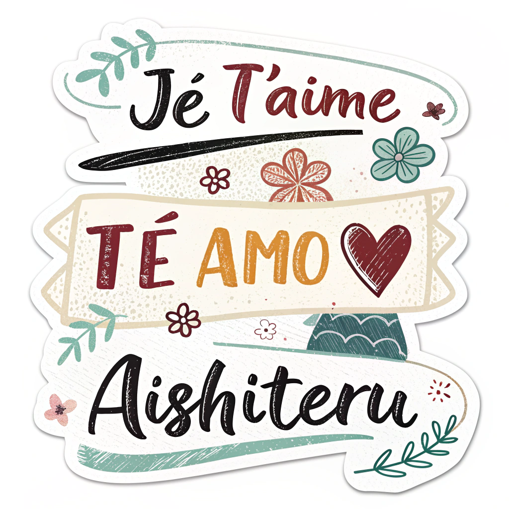 Craft stickers featuring hand-lettered messages in different languages like 'Je t'aime' (French), 'Te amo' (Spanish), and 'Aishiteru' (Japanese), each with its own unique hand-lettered style.