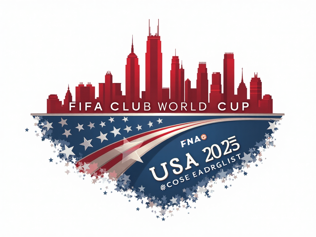 Translated Text: FIFA Club World Cup 2025 T-Shirt Designs - Host Nation Spotlight: USA 2025 Edition. Design Idea 1: 'City Skylines & Unity'. A T-shirt design featuring stylized silhouettes of major US city skylines (e.g., New York, Los Angeles, Chicago) blending cohesively to represent national unity for the tournament. Subtle soccer ball patterns or field lines could be integrated within the skylines. Text elements: 'USA 2025', 'FIFA Club World Cup'. Color scheme: Predominantly red, white, and blue with metallic silver or gold accents.