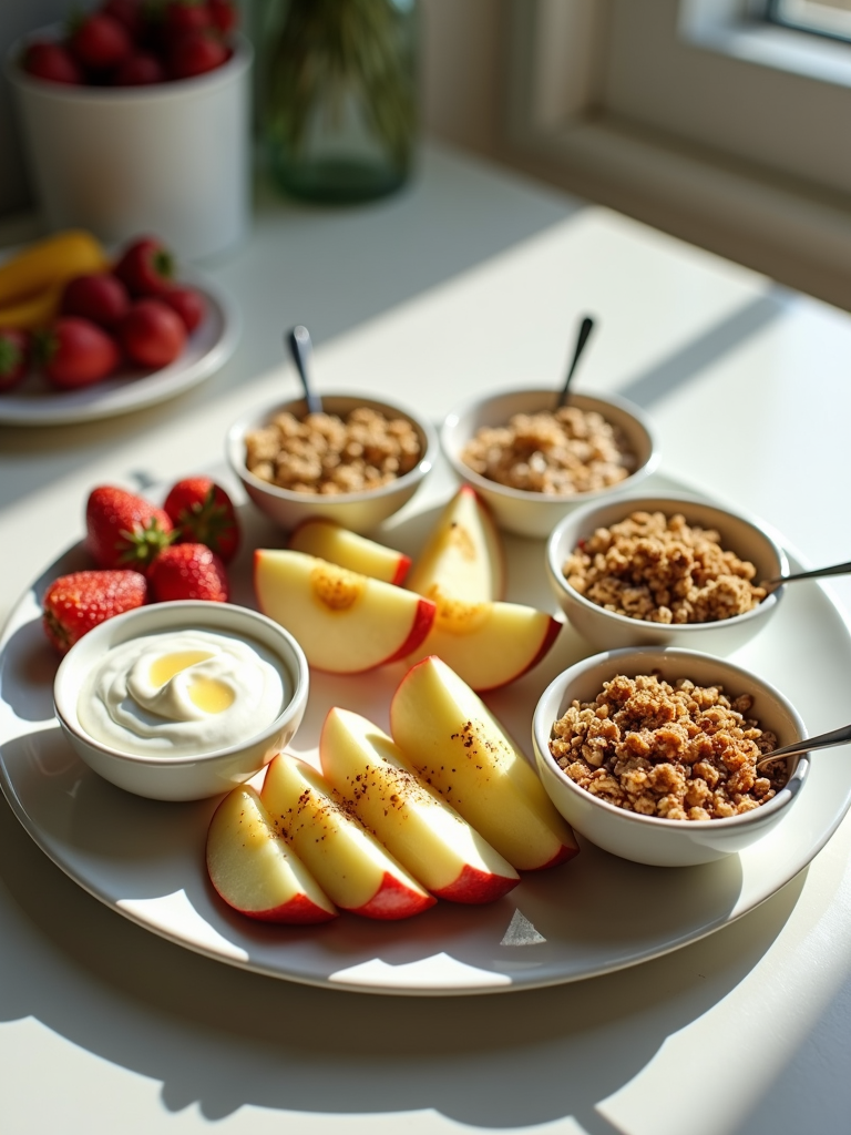 Develop a 'deconstructed' version where the apple slices, yogurt, and granola are served separately on a platter with small spoons, encouraging interaction and creativity in assembly.