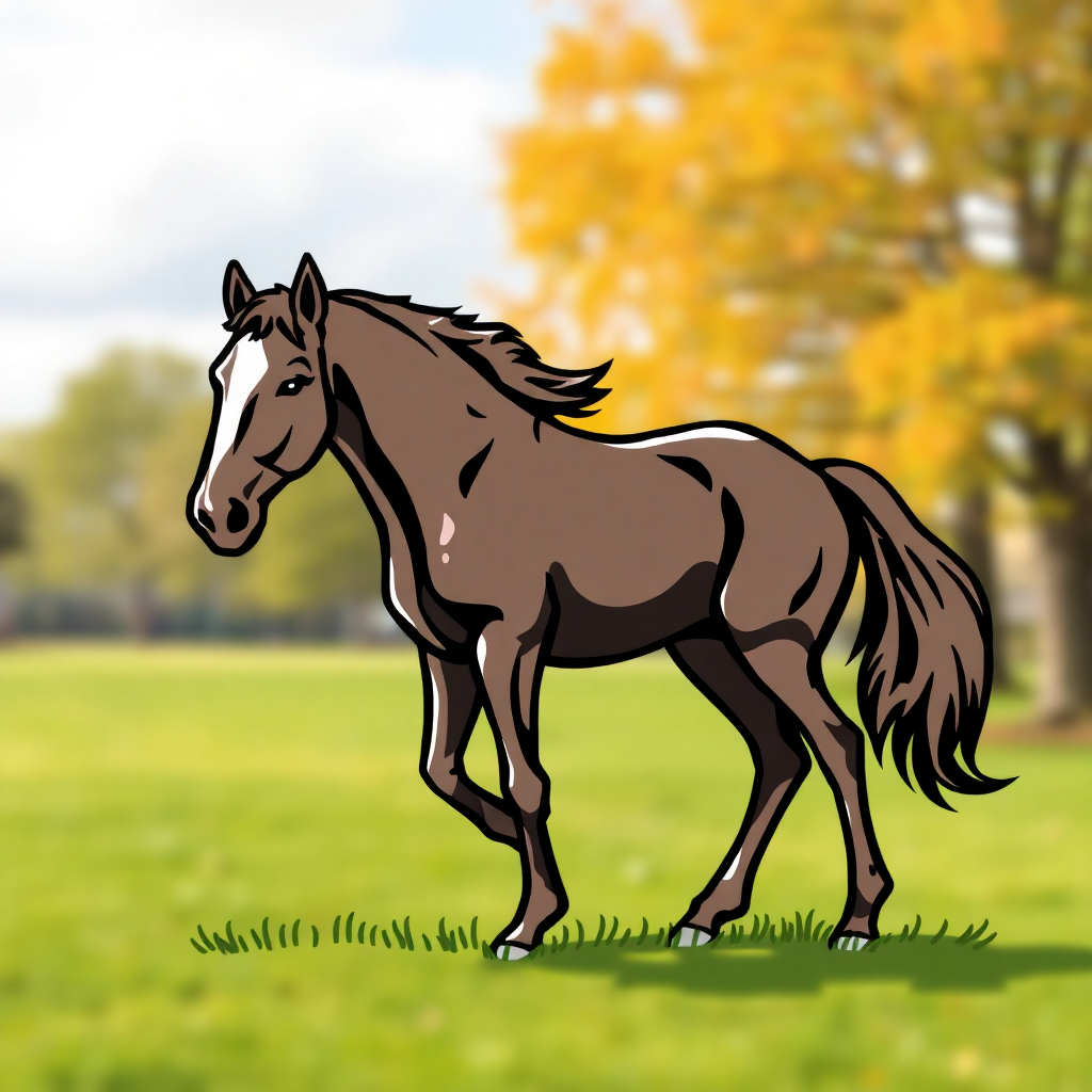 The image is a digital illustration of a brown horse walking on a grassy field. The horse is facing towards the left side of the image and is walking with its head turned slightly to the right. It has a long mane and tail flowing in the wind. In the background, there are trees with orange and yellow leaves, indicating that it is autumn. The sky is blue and there are a few clouds in the distance. The grass is green and well-maintained.