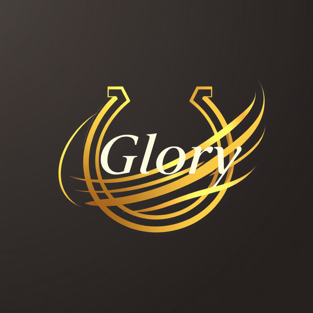 Abstract Motion Lines: A modern, abstract concept using dynamic golden lines to form the shape of a horseshoe and imply the speed of a racehorse, with 'Glory' highlighted in sleek, contemporary text.