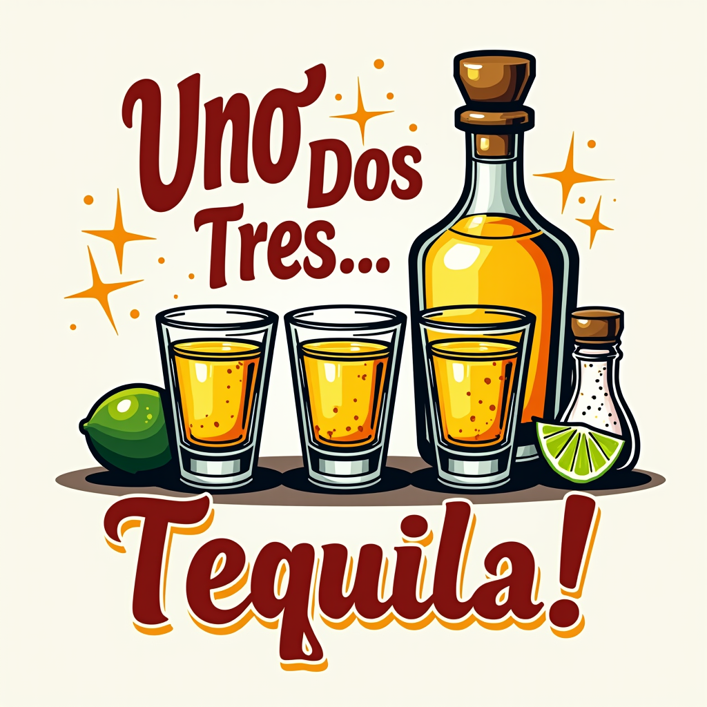 T-shirt saying 'Uno, Dos, Tres... Tequila!' with illustrative elements like three shot glasses followed by a tequila bottle or a lime and salt shaker, in an energetic font.