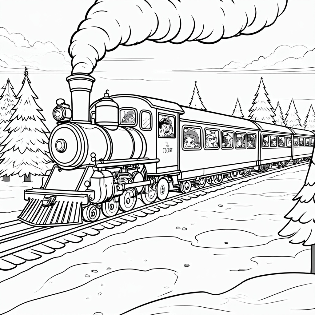 The image shows a black and white sketch of a train on a railway track surrounded by trees and a cloudy sky. The train is filled with people, and there is text at the bottom of the image.