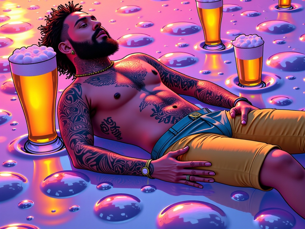 A surreal, dreamscape poster. Imagine Post Malone floating or reclining amidst a sea of chrome bubbles and flowing neon liquids that morph into beer and Bentley shapes. The 'Neon & Chrome Dreams' aspect is emphasized through a soft, hazy atmosphere with lens flares and light refractions, creating an otherworldly, luxurious party vibe.