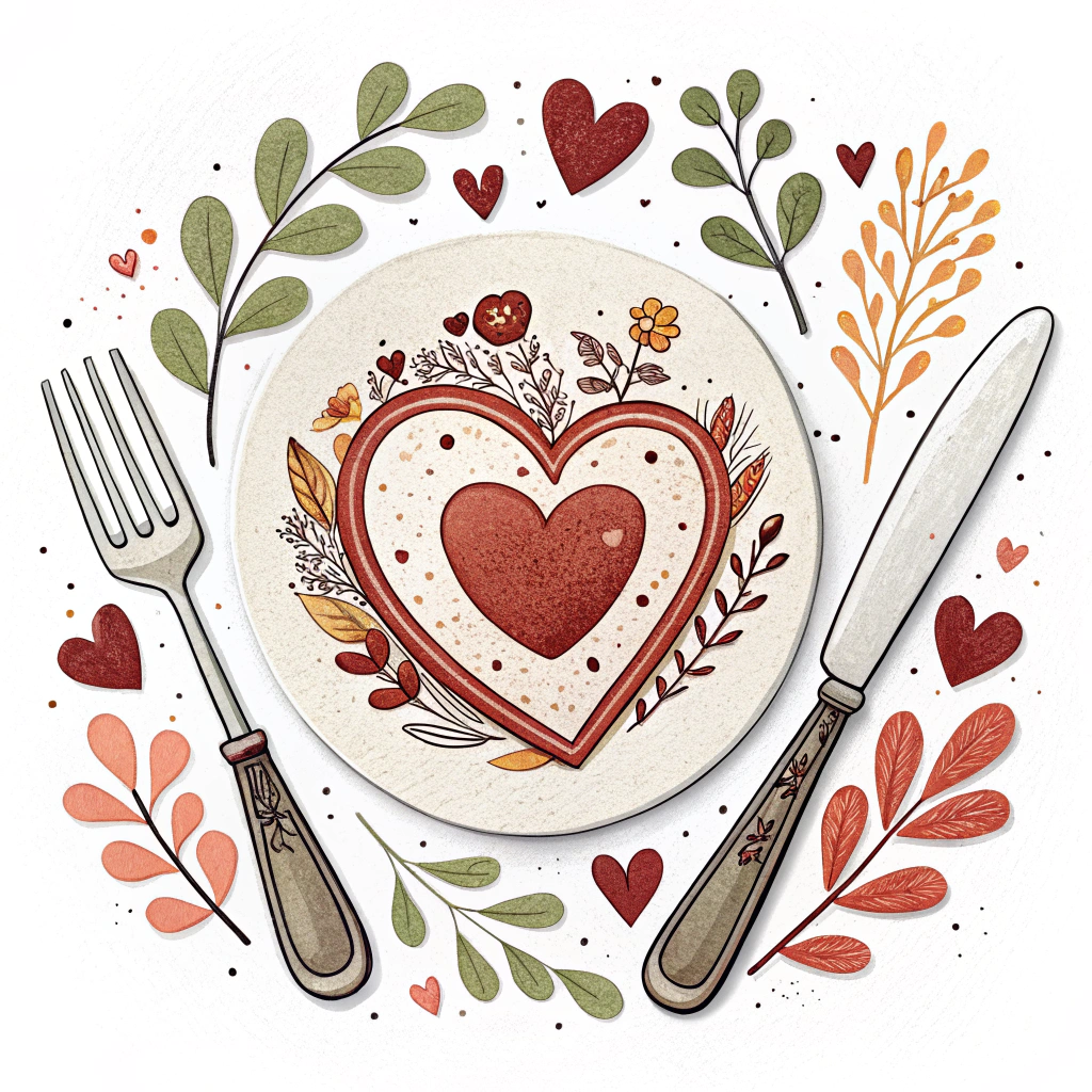 A sticker showing a dinner plate with a fork and knife, arranged around a heart shape or with a heart-shaped main dish.