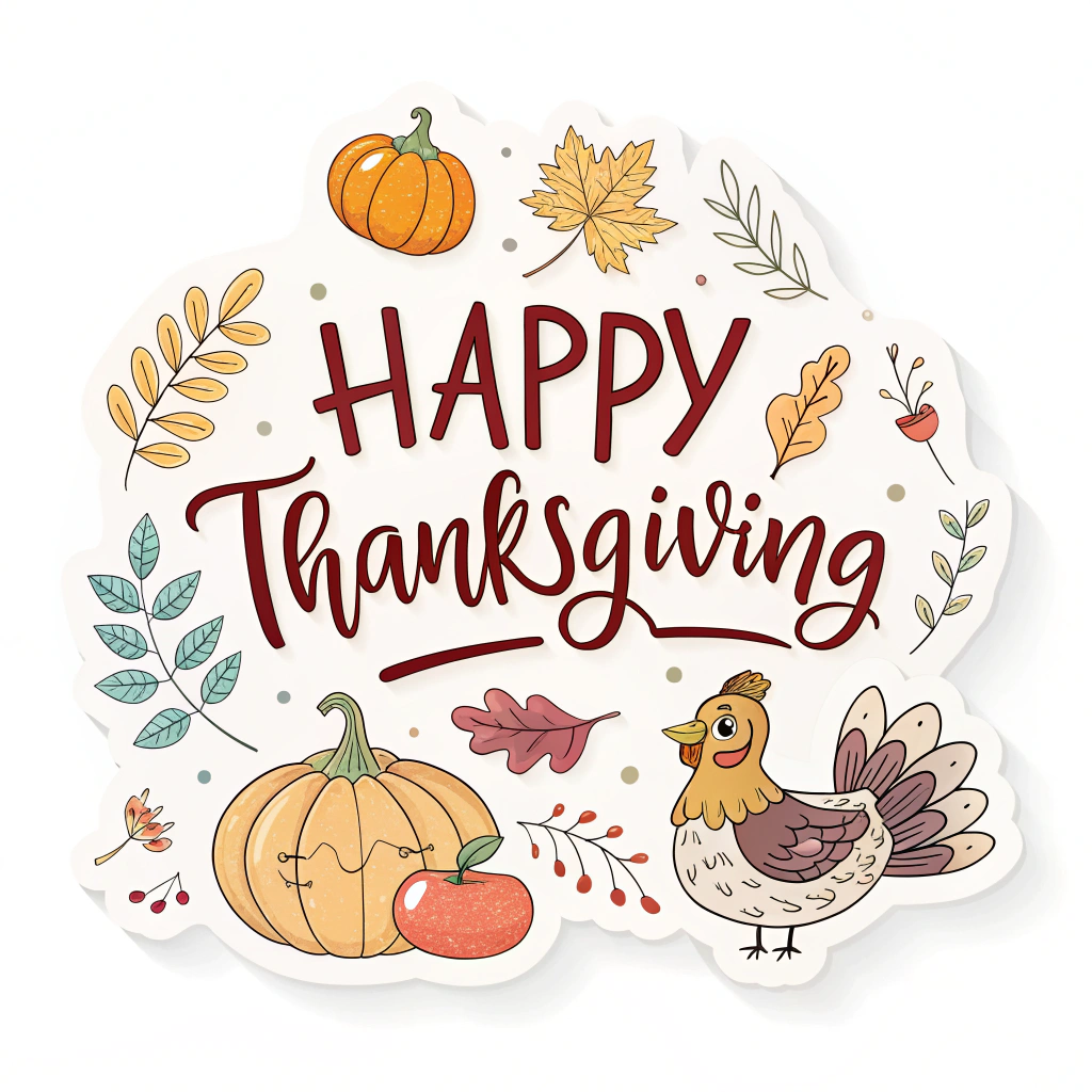 The image shows a happy Thanksgiving card with a turkey, pumpkins, leaves, and an apple. The card is decorated with a variety of autumnal colors, including red, orange, yellow, and brown. The turkey is perched atop a branch with leaves and pumpkins scattered around it. The text 