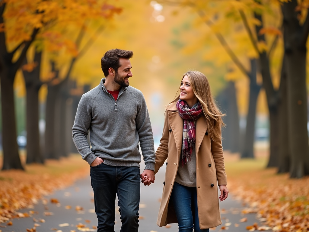 A couple walks hand in hand down a tree-lined avenue, the air filled with the crunch of leaves underfoot and a cool morning breeze.