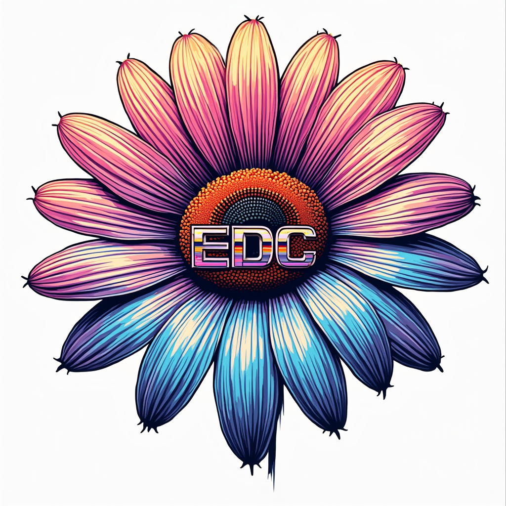 EDC Glitch Daisy Icon: An EDC-themed iconic daisy graphic treated with prominent glitch art effects (pixelation, color channel separation, scan lines). The letters 'EDC' are subtly embedded within the glitch or the daisy's structure creating a modern, tech-influenced psychedelic feel.