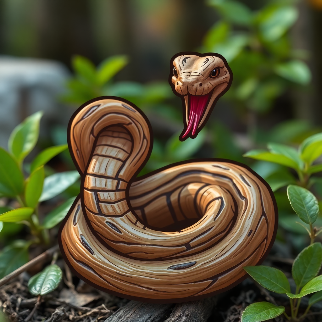 The image is a digital illustration of a snake coiled up on the ground in a garden. The snake is brown in color and has a pointed snout and sharp teeth. Its body is elongated and its head is turned to the side, with its tongue sticking out. The background is blurred, but it appears to be a wooded area with green plants and rocks. The overall mood of the image is playful and whimsical.