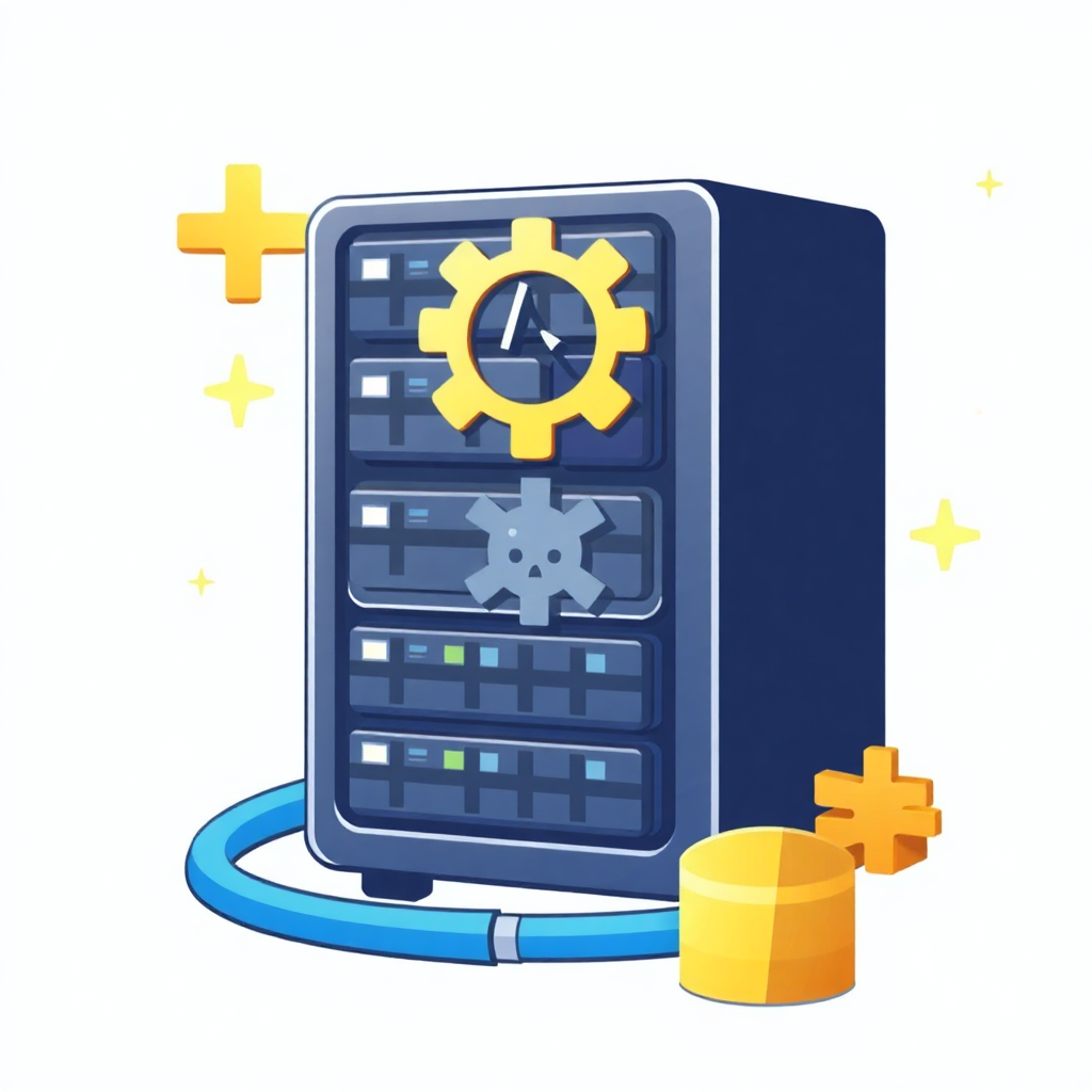 The image is an illustration of a server rack with a yellow gear on top of it. The server rack is blue in color and has multiple slots for data storage. The gear is in the center of the rack and is yellow in color. There is a blue hose attached to the rack, which is connected to the server. On the right side of the image, there are two yellow cubes, one on top and one on the bottom. The background is white with yellow stars scattered around. The overall design is flat and cartoon-like.