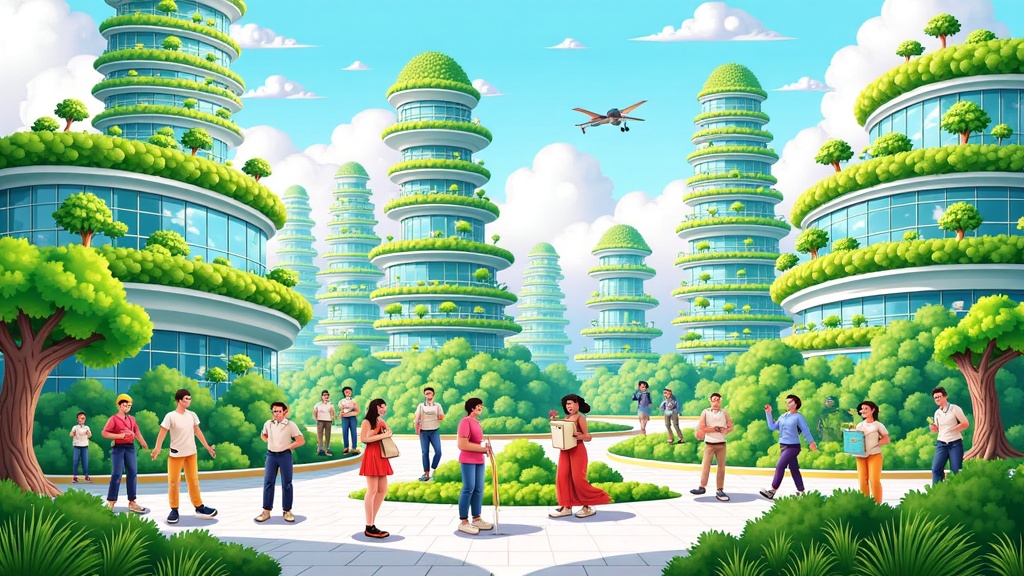 Future cities where AI designs seamlessly integrate advanced technology with flourishing, bio-diverse ecosystems, emphasizing sustainable urban living and AI-optimized resource management.
