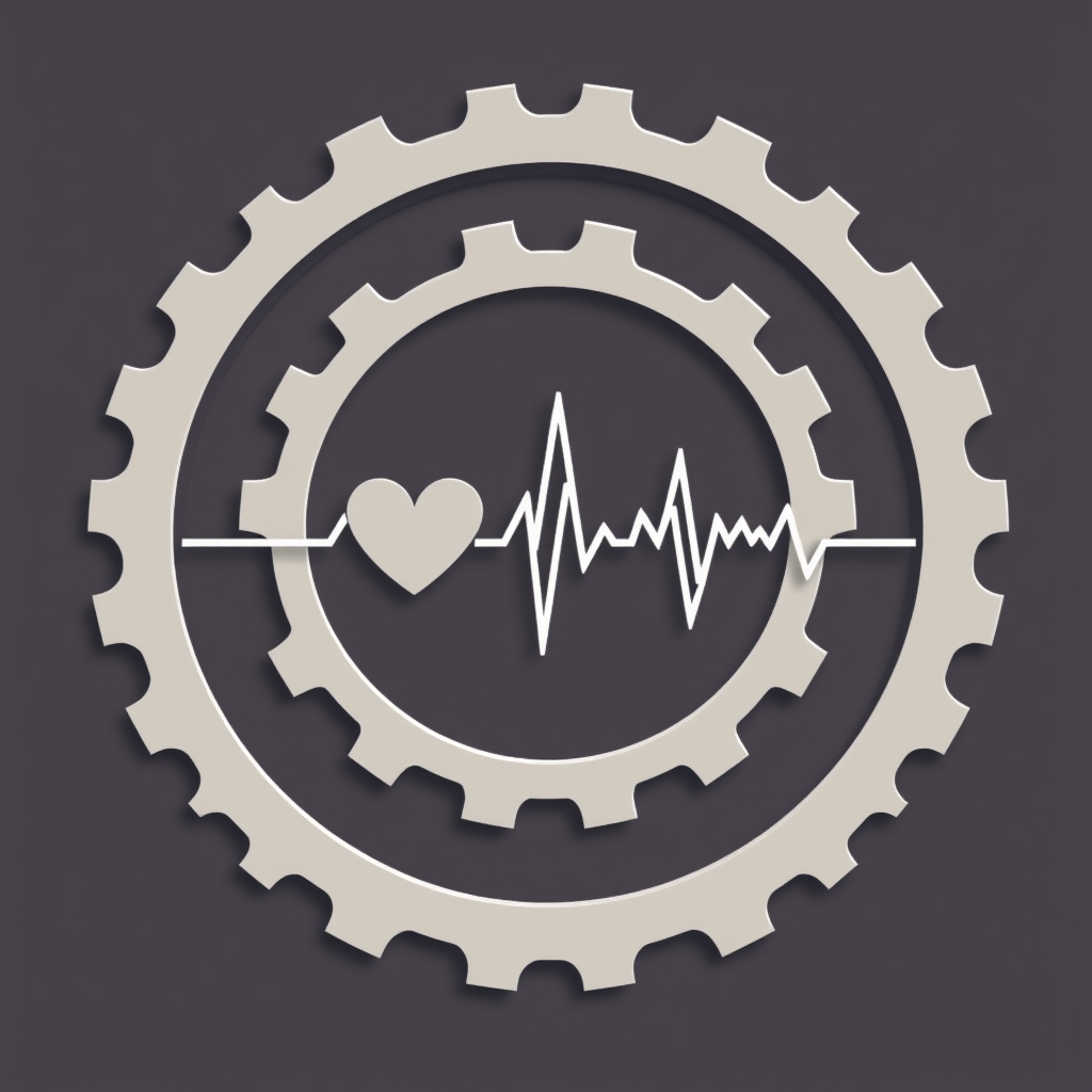 Form a circular gear shape where the teeth are subtly stylized as small, connected heart shapes. A distinct heartbeat line can overlay or weave through the gear structure.