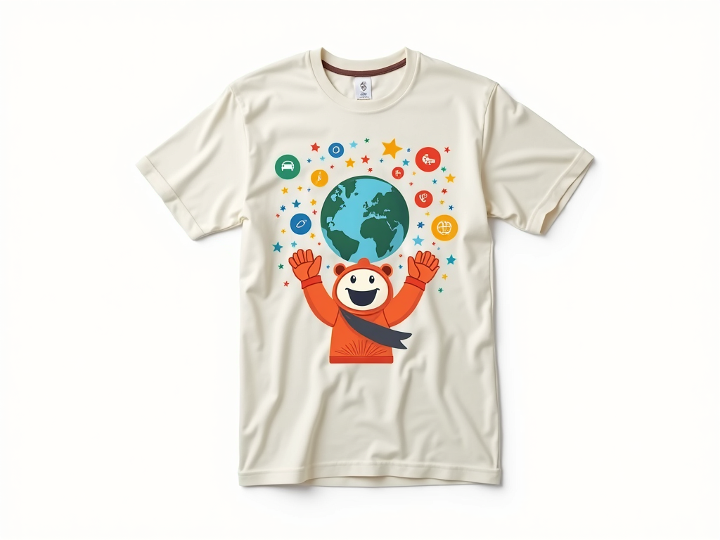 T-Shirt Design Idea 4 (Global Unity Theme): Design the T-shirt with the emblem at its core, surrounded by abstract patterns or subtle graphic elements representing the global nature of the tournament. The mascot could be depicted welcoming or celebrating with these global elements.