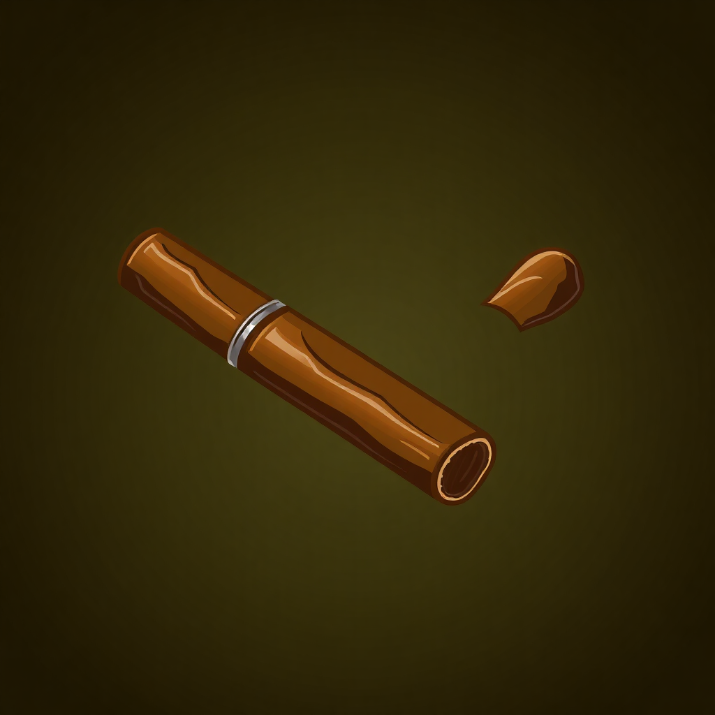 The image is a digital illustration of a cigar. The cigar is brown in color and has a cylindrical shape with a pointed end. It is lying on a dark green background. On the right side of the image, there is a small piece of chocolate that is falling off the cigar.