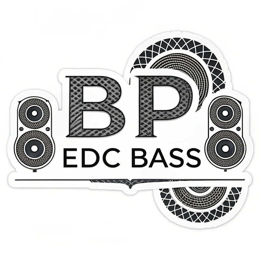 Simple Logo Idea - Waveform Monogram: A sticker that could function as a logo, featuring initials like 'BP' (for Basspod) or 'EDC BASS'. The letterforms themselves are constructed from interconnected, stylized segments of abstract subwoofer waveforms, possibly incorporating a subtle circular speaker grill texture or outline within the design for a modern, impactful look.