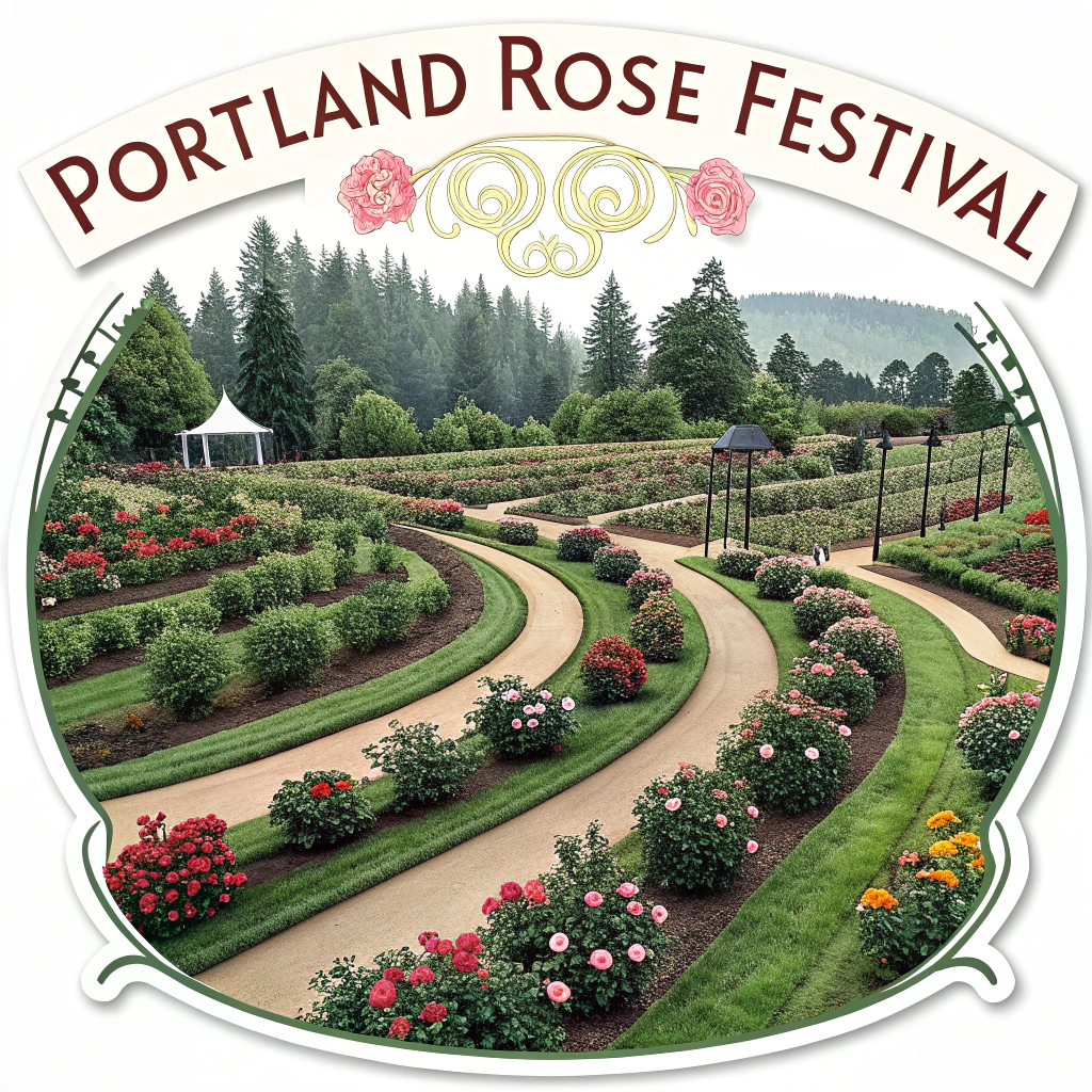 Panoramic sticker displaying an expansive Rose Garden vista, with an overlaid festive banner reading 'Portland Rose Festival'.