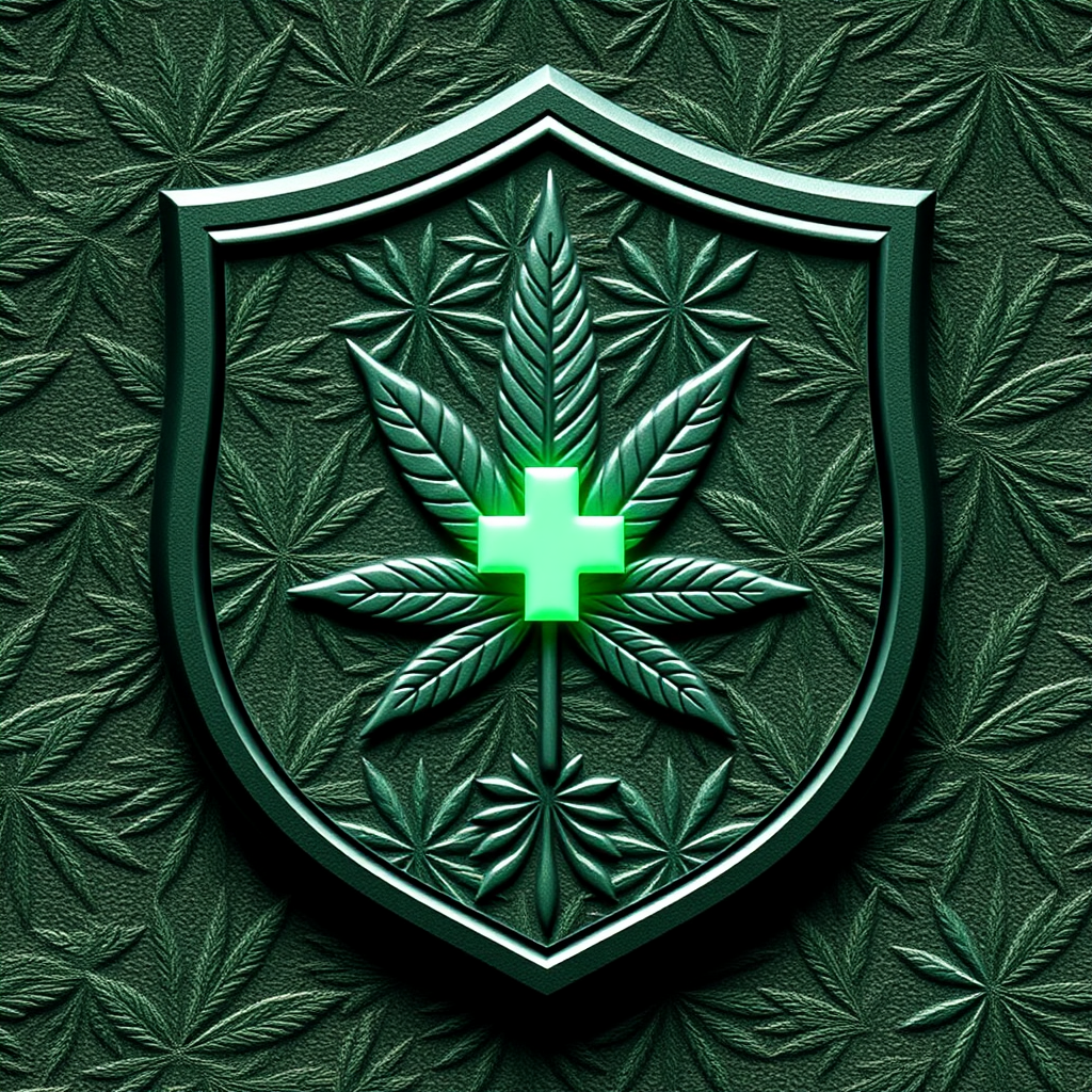 Embossed Shield - Leaf Texture & Central Icon: A shield design with a tactile feel, perhaps suggested through embossed or debossed styling. The shield's surface features a subtle, repeating pattern of marijuana leaves. A single, bold, and clean health icon (like a simplified caduceus or a glowing plus sign) is centered, standing out from the textured background.