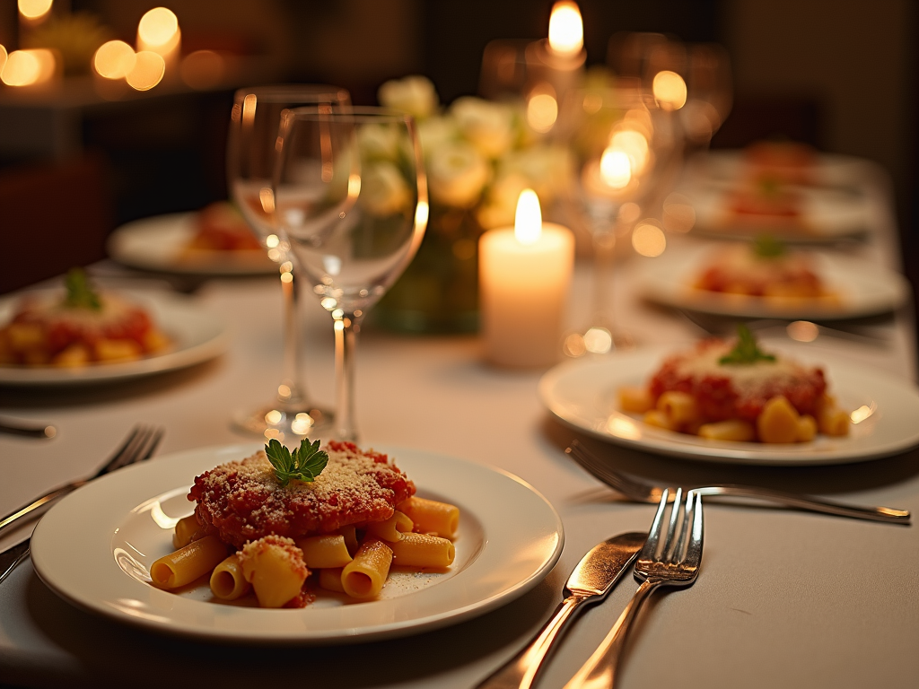 An elegant dinner setting featuring baked ziti served in individual ramekins, each portion topped with a sprinkle of Parmesan, under the gentle glow of candlelight.