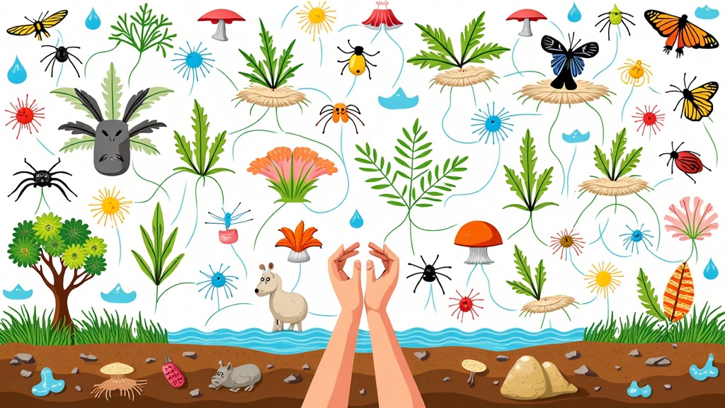 The Web of Interdependence: Illustrate a vibrant, intricate web connecting diverse species (plants, animals, fungi, insects) with elements like water sources, soil, and air. Show how a break in one strand (e.g., loss of a pollinator) impacts the entire web, perhaps with fading colors or unraveling threads in affected areas. Could include subtle human hands gently supporting a section of the web, symbolizing stewardship.