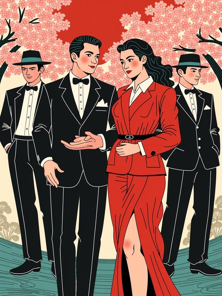 Design a series of posters featuring AI-generated illustrations of characters from a specific movie genre (e.g., Film Noir detectives) reimagined in a completely contrasting art style (e.g., Ukiyo-e Japanese woodblock prints).