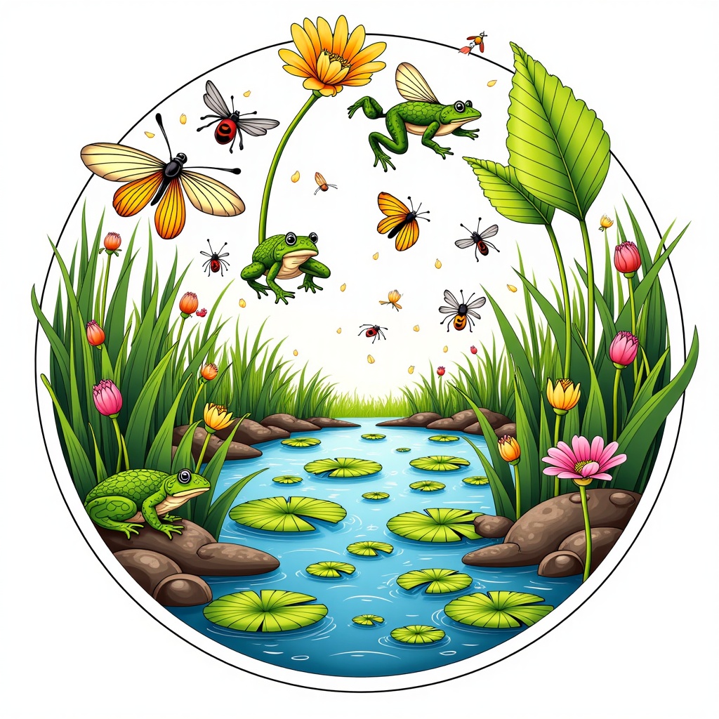 The Biodiversity Circle of Life: A circular illustration depicting the life cycles and interconnected roles of various organisms within a specific biome (e.g., a wetland or a coral reef). Show key interactions like pollination, seed dispersal, predator-prey relationships, and decomposition, emphasizing the cyclical flow of energy and nutrients. The outer ring could subtly hint at global ecosystem services like climate regulation.
