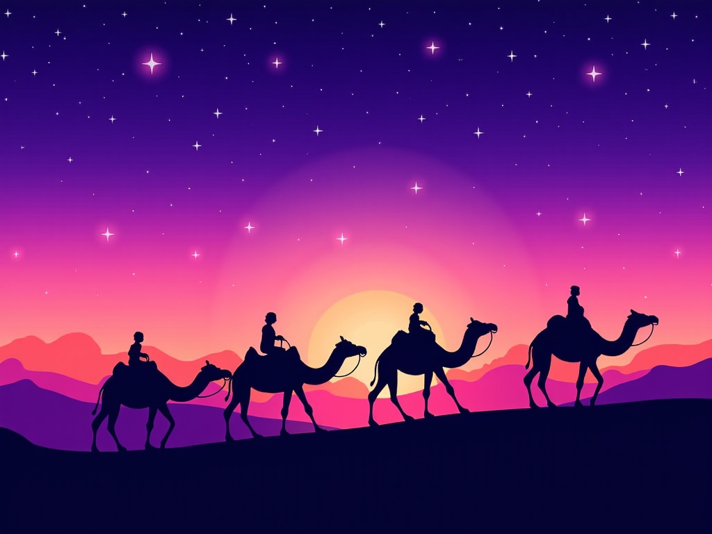 Twilight Majesty: Illustrate softer sunset colors transitioning to early night—pinks and oranges near the horizon blending into deep purples and indigos above. More stars are visible. Camel silhouettes could have subtle details of their gear, and the caravan might be smaller for a more intimate or mystical mood.