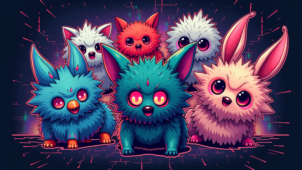 Glitchy Pet Pile: A dynamic composition of several different iconic cyberpets (Digimon-inspired, Furby-esque, simple pixel pets) overlapping and intermingling, all heavily treated with datamosh and RGB split glitch effects. The background could be a shimmering, iridescent digital grid.