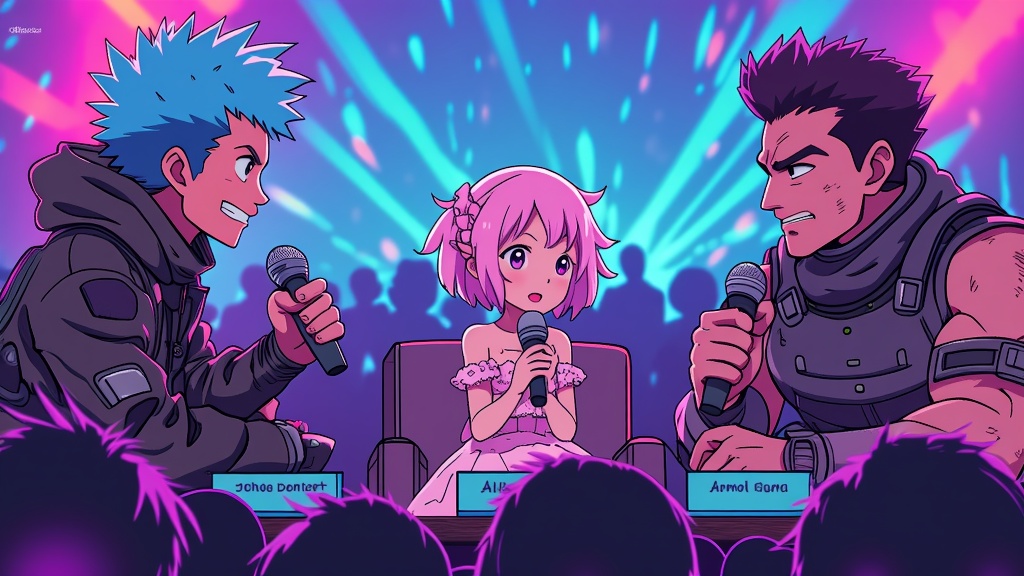 Panel Spotlight: Illustrate different anime characters as guest panelists on a MomoCon stage, complete with microphones, name cards, and a vibrant audience silhouette.