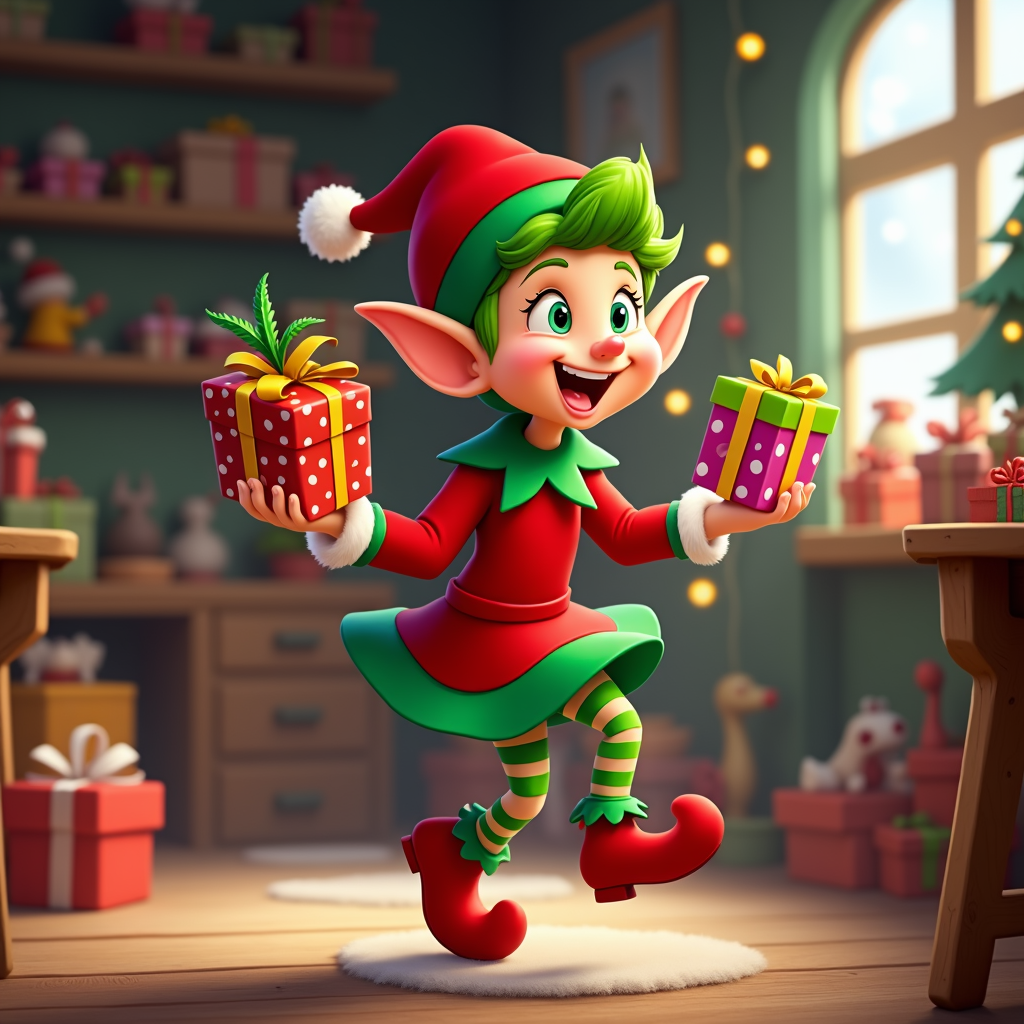  a cartoon elf in a room decorated for Christmas. The elf is wearing a red and green outfit with a red Santa hat and red boots. She has green hair and is holding two gift boxes in her hands. The boxes are wrapped in colorful paper and have a green ribbon tied around them. She is smiling and appears to be dancing. The room is filled with festive decorations, including a Christmas tree, presents, and a bookshelf with more presents. The floor is covered with a white rug and there is a window in the background. The overall mood of the image is cheerful and festive.