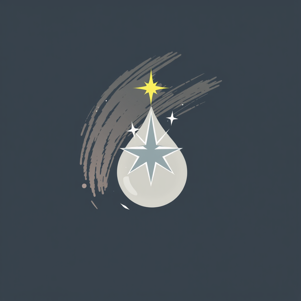 A simple, modern icon featuring a sparkling star or droplet, subtly incorporated within a brush stroke effect.