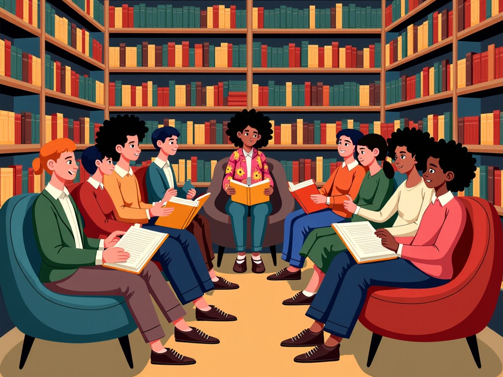 A cozy indoor scene within a library or bookstore community space. People are seated comfortably, surrounded by bookshelves, focused on a poet reading aloud. Warm, soft lighting enhances the intimate atmosphere.