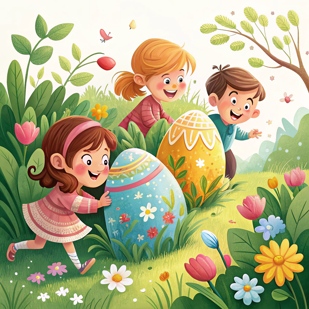 A sticker featuring children participating in an Easter egg hunt on Easter Monday, with colorful eggs hidden in a garden.