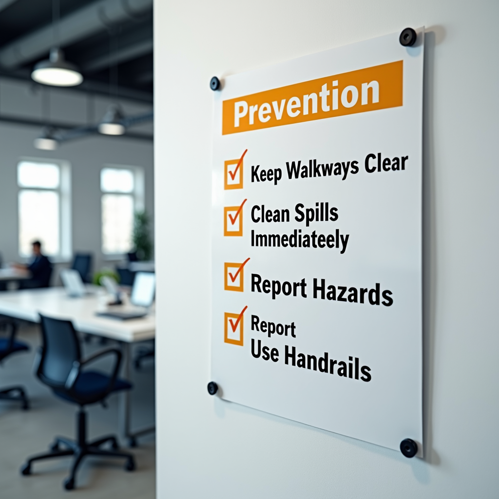 Sub-Design 5: Simple Checklist - Use large checkmarks next to key prevention points: 'Keep Walkways Clear', 'Clean Spills Immediately', 'Wear Proper Shoes', 'Report Hazards', 'Use Handrails'. Use bold typography and minimal graphics.