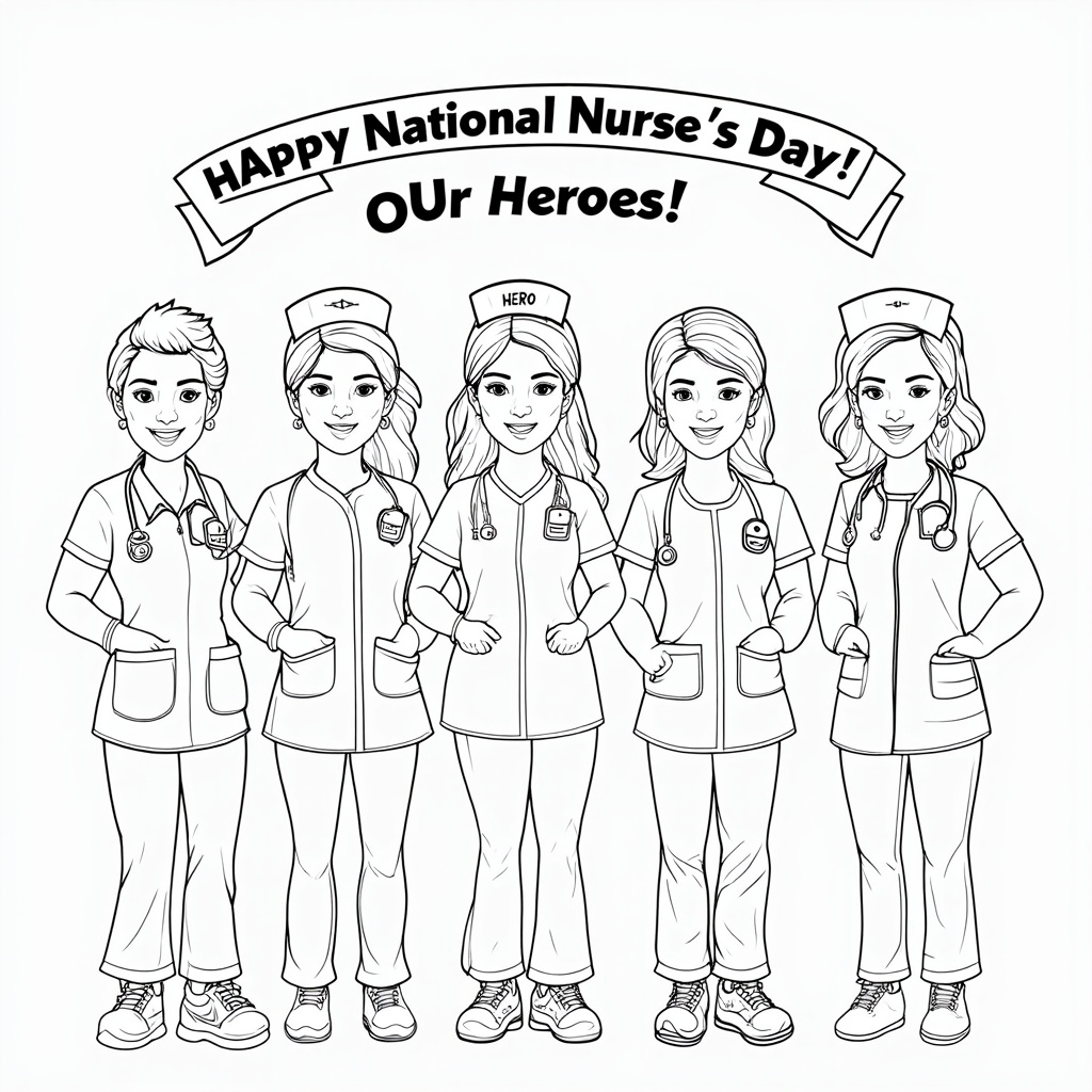 Coloring page showing a group of smiling, diverse nurses standing proudly side-by-side, each wearing a unique 'HERO' badge. A banner above reads 'Happy National Nurse's Day!' or 'Our Heroes!'