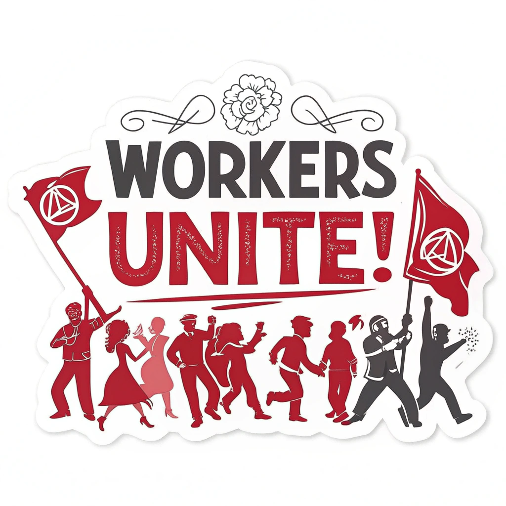 Translate to English: May Day Protest Stickers - Bold 'Workers Unite!' Typography