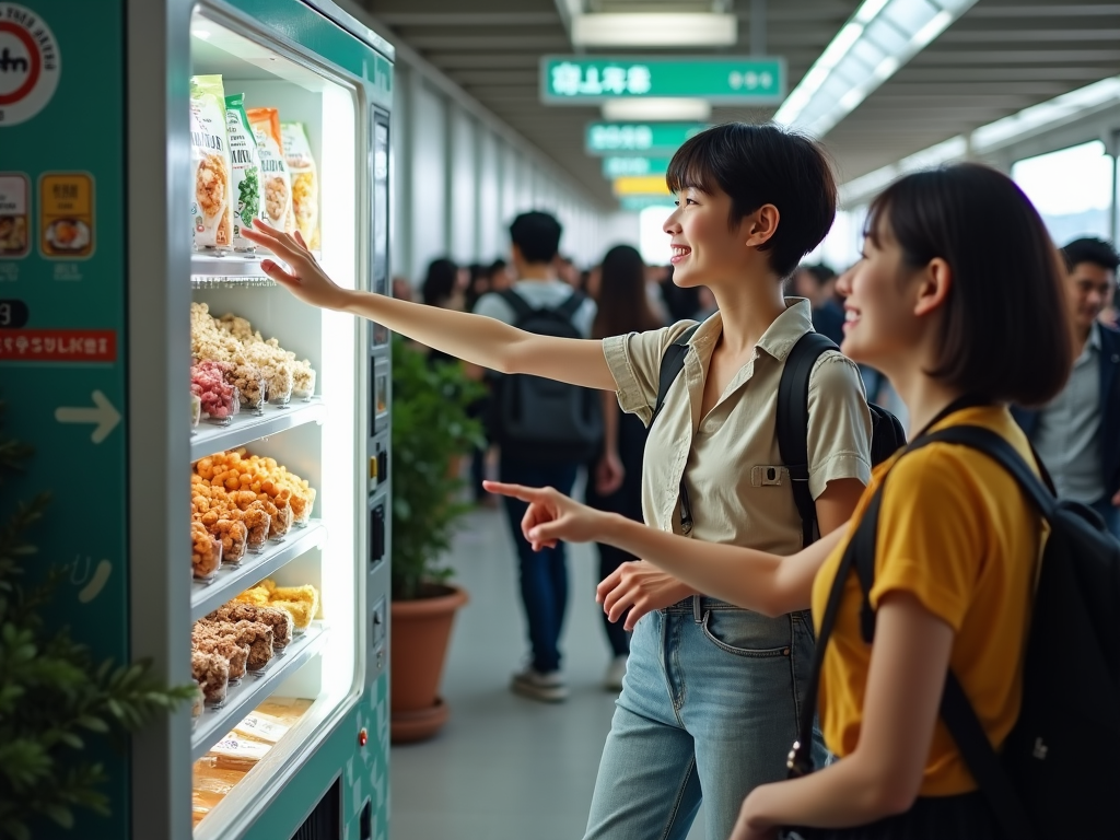 At a train station, commuters are seen buying quick snacks from a vending machine that prominently features local delicacies and eco-friendly packaging.