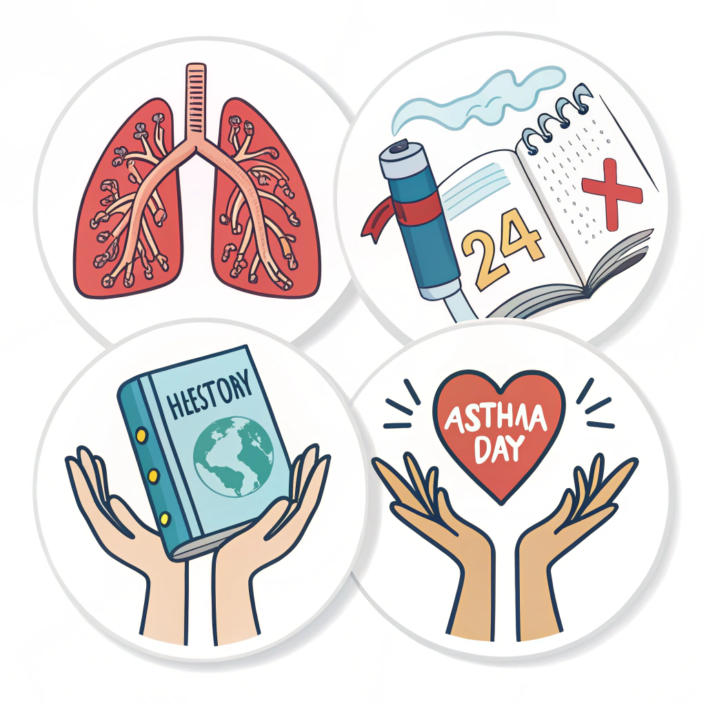 A sticker set concept featuring individual icons: healthy lungs, an inhaler, a book (education), interconnected hands (support), and a calendar marking World Asthma Day.
