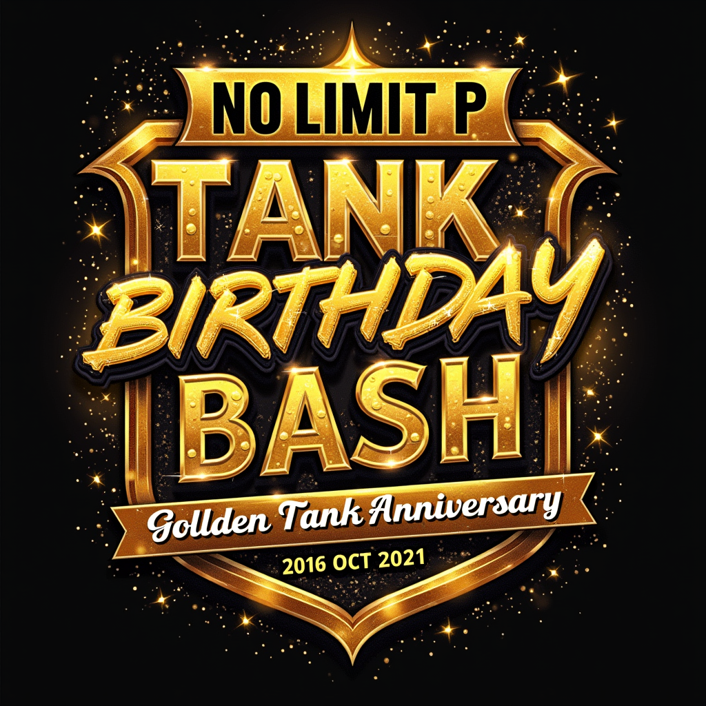Design Idea 1: A hyper-realistic, metallic gold No Limit tank emblem as the centerpiece, with 'Master P Birthday Bash' and 'Golden Tank Anniversary' in bold, impactful lettering. Accents of subtle bling or light flares to enhance the gold effect.