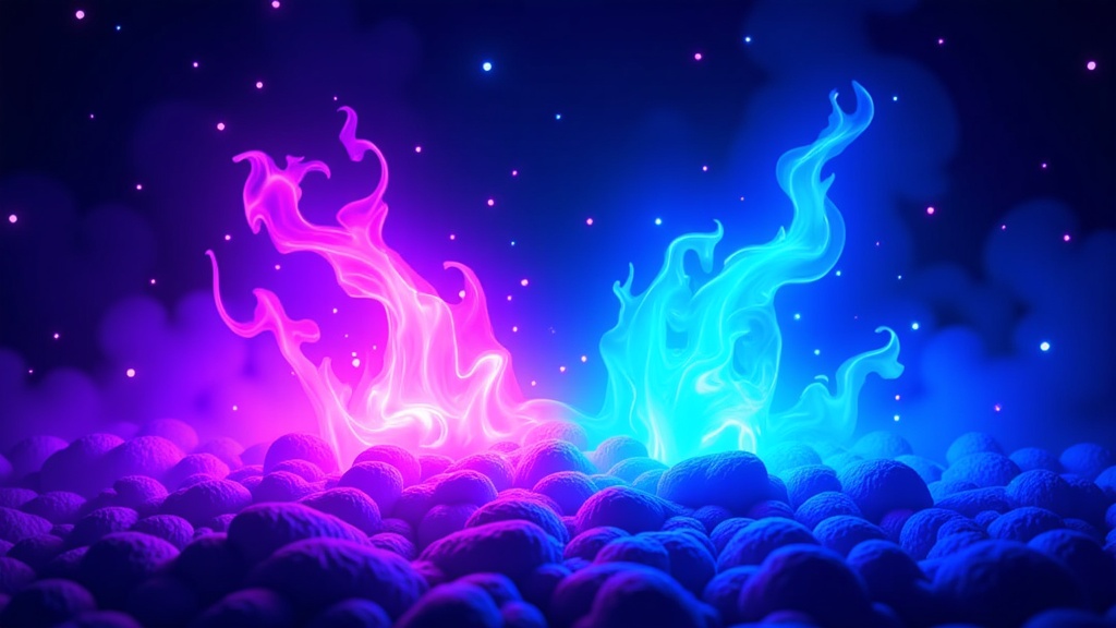 The image is an abstract digital art piece that appears to be a scene from a video game. It has a dark blue background with small white dots scattered throughout. In the center of the image, there are two figures that appear to be floating in the air. The figures are made up of different colors - pink and blue - and are intertwined with each other. The pink figure is on the left side, while the blue figure is in the middle. The figure on the right side is slightly larger than the pink figure and is slightly smaller than the one on the bottom.  The figures are surrounded by a large group of small, round, purple spheres that are scattered across the image. The spheres are of different sizes and shapes, and they are arranged in a way that creates a sense of depth and dimension. The overall effect is one of movement and energy.